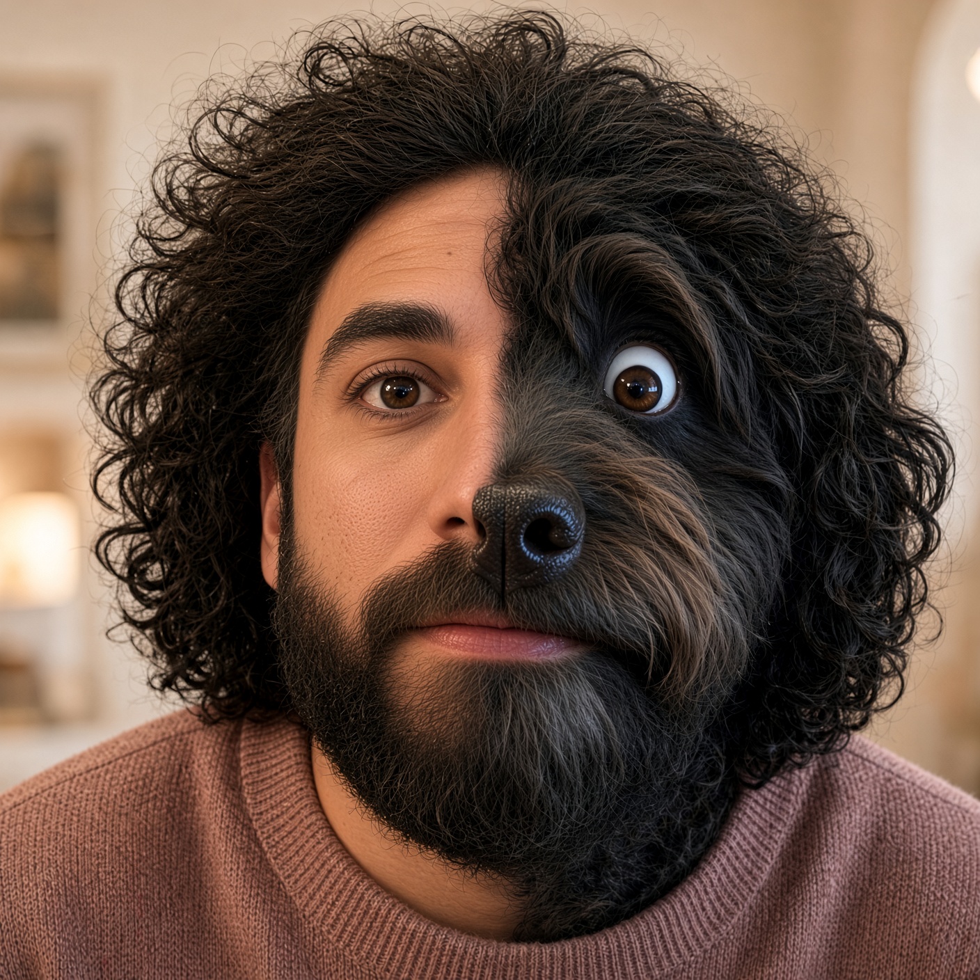 Illustrative Dogg Style portrait: a face blended with a curly-haired dog